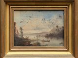 une image d'une peinture représentant une scène de rivière avec un bateau dans l'eau