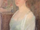 painting of a woman in a green dress sitting in a chair