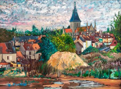 painting of a view of a village with a church in the background
