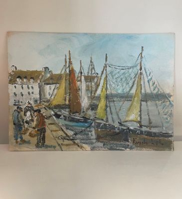 un tableau représentant une scène de port avec des voiliers sur l'eau