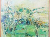 une peinture à l'huile représentant un cheval dans un champ, avec des arbres en arrière-plan