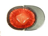 a red and black hat with a diamond in the center