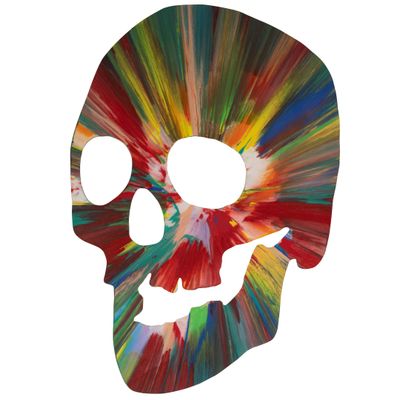 a close up of a colorful skull on a white background