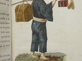 an old book with a picture of a man holding a bag