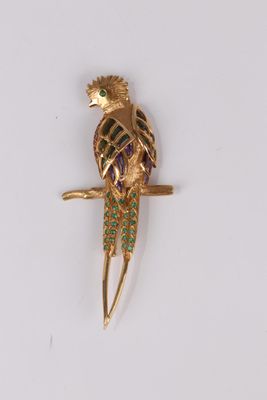 Broche en forme de perroquet plaquée or, ornée de pierres multicolores