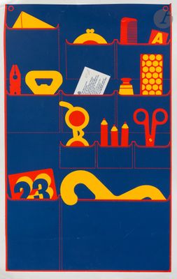 une image représentant une affiche bleue et rouge sur laquelle figurent divers objets