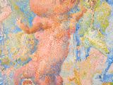 a painting of a baby with a teddy bear on it ' s back