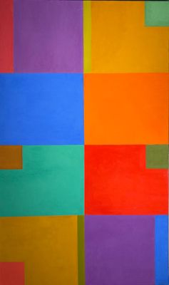une peinture abstraite représentant des carrés de différentes couleurs sur un mur