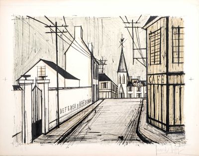 une image représentant un dessin d'une rue avec des bâtiments et des lignes téléphoniques