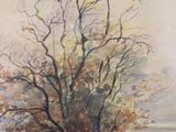 a painting of a tree on a hill by the water