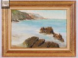une peinture à l'huile représentant une plage rocheuse, avec des rochers au premier plan