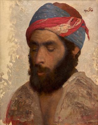 une peinture à l'huile représentant un homme barbu portant un turban