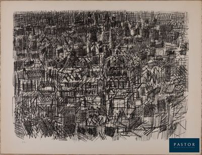 un dessin en noir et blanc représentant un paysage urbain avec des bâtiments