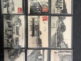 several black and white photographs of a train station with a train on the tracks