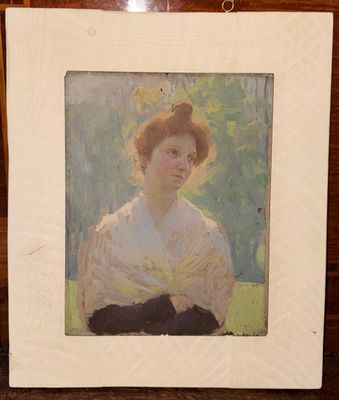 tableau représentant une femme en robe blanche avec un châle noir