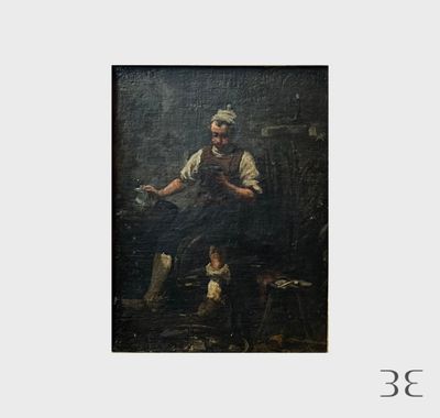 une image représentant un tableau où l'on voit un homme assis sur une chaise à côté d'un chien
