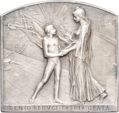 a silver plaque with a woman and a man on it