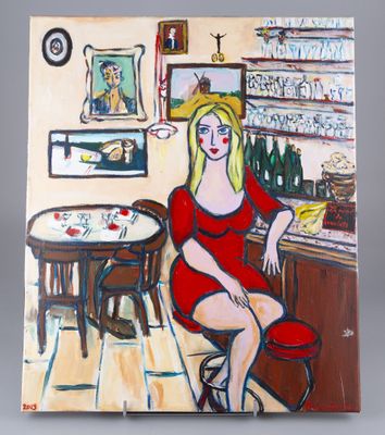tableau représentant une femme en robe rouge assise à une table