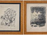 two framed drawings of trees and a river in a wood frame