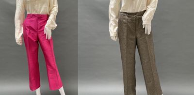 two mannequins wearing different colored pants and a white shirt