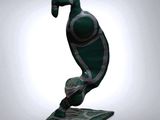a statue of a man in a green suit on a marble base