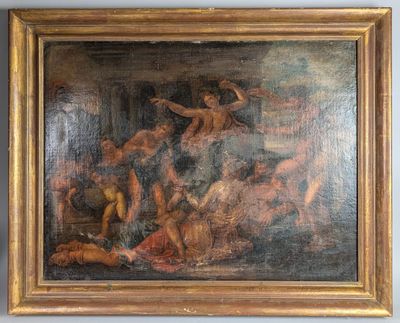 an oil painting of a group of people in a room with a painting on the wall