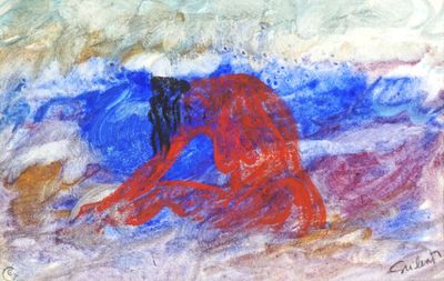 tableau représentant une femme assise sur une plage, une planche de surf à la main