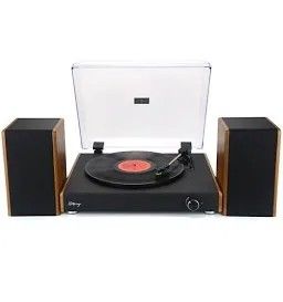 une image représentant un tourne-disque avec des haut-parleurs et un disque