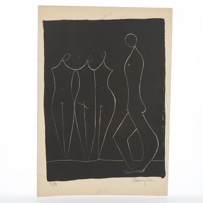 un dessin en noir et blanc représentant trois nus sur fond noir