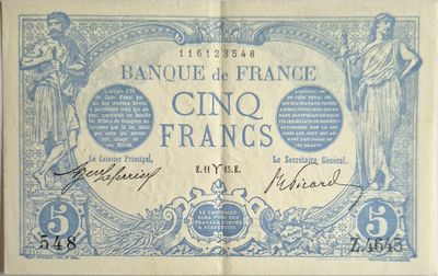 5 francs bleu 11/3/1915 , 2 trous d'épingles, SUP