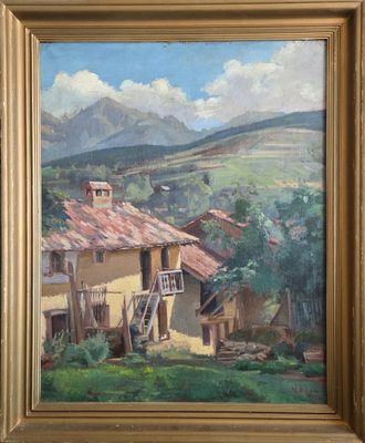 an oil painting of a house in a rural setting with a mountain in the background