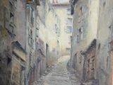 a painting of a street with buildings on both sides of it