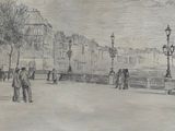 dessin représentant une scène de rue avec des passants marchant sur le trottoir