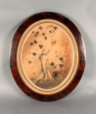 tableau représentant une femme avec des fleurs dans un vase, dans un cadre en bois