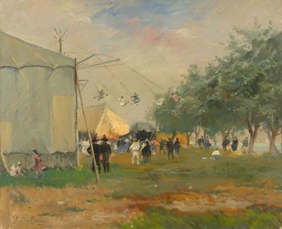 painting of a group of people standing around a tent in a field