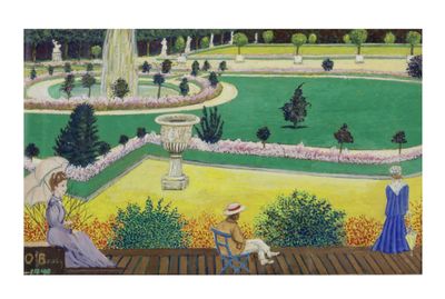 a painting of a woman sitting on a bench in a park