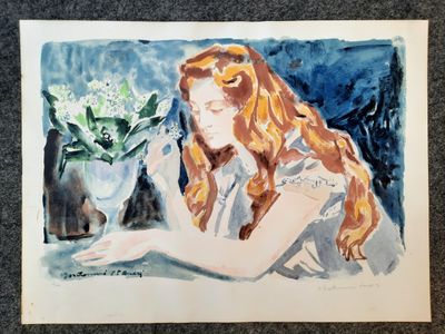 une aquarelle représentant une femme assise à une table devant un vase de fleurs
