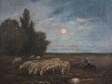 a painting of a man herding a flock of sheep