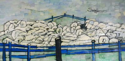 une peinture représentant un homme debout devant un tas de pierres