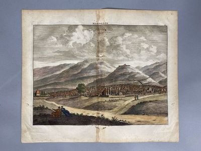 an old book with a picture of a town in the middle of it