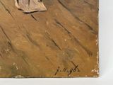 an oil painting of a woman in a white dress walking down a hill