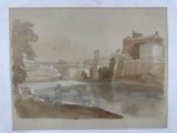 drawing of a view of a bridge over a river with a man on a bench