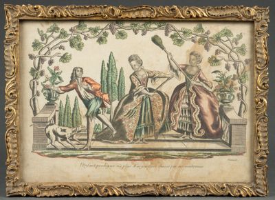 an old picture of a painting of a man and a woman in a garden