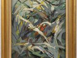 an oil painting of a plant in a gold frame on a white wall