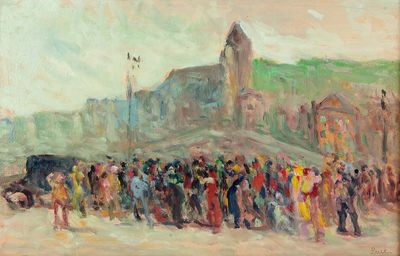 une peinture à l'huile représentant une foule de personnes debout devant un bâtiment