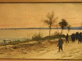 an image of a painting of a group of people walking on a beach