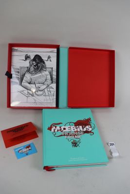 a red box with a picture of a woman and a book on it