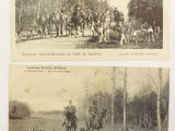 deux vieilles photos en noir et blanc représentant des personnes à cheval et des chiens
