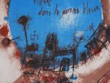 a painting of a blue circle with writing on it