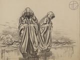 dessin représentant deux femmes assises par terre, la tête baissée